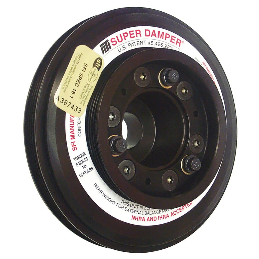 ATI Super Damper harmonic balancer with a 7.45-inch aluminum shell and triple 4-groove pulleys for Nissan RB26 engines.