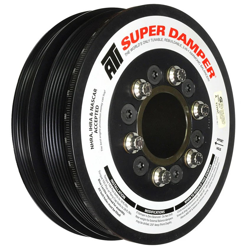 ATI Super Damper 7.48 inch aluminum harmonic balancer with 6 and 4 groove pulleys for GM LS engines.