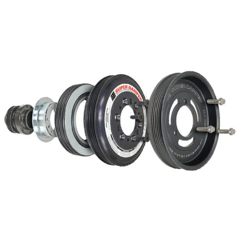 ATI 7.525-inch aluminum Super Damper with 4 and 3-groove pulleys for GM L86 6.2L V8 engines.