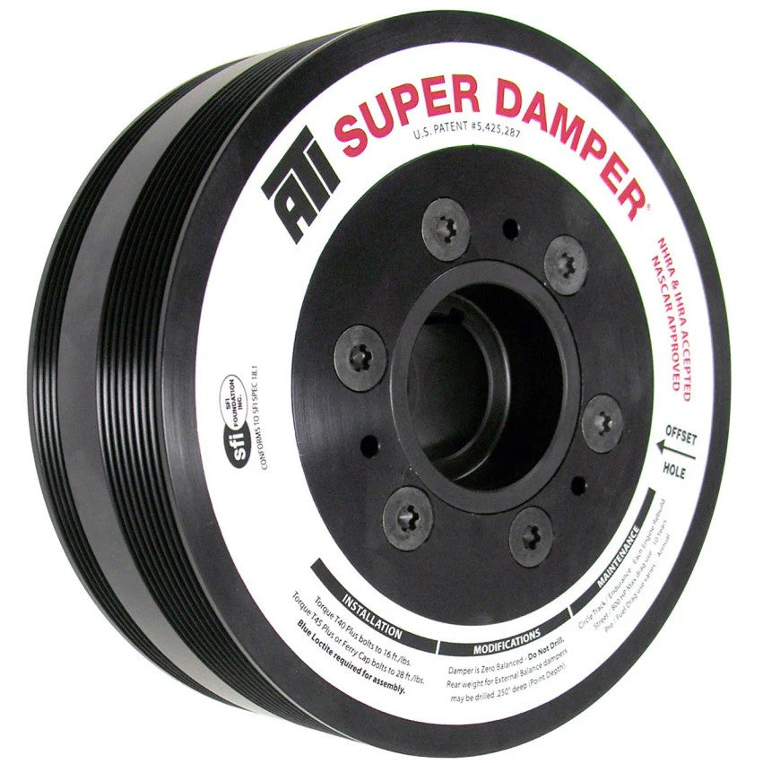 ATI Super Damper 7.65-inch aluminum harmonic balancer with 8-groove and 4-groove pulley tracks for LS7 and LS3 engines.