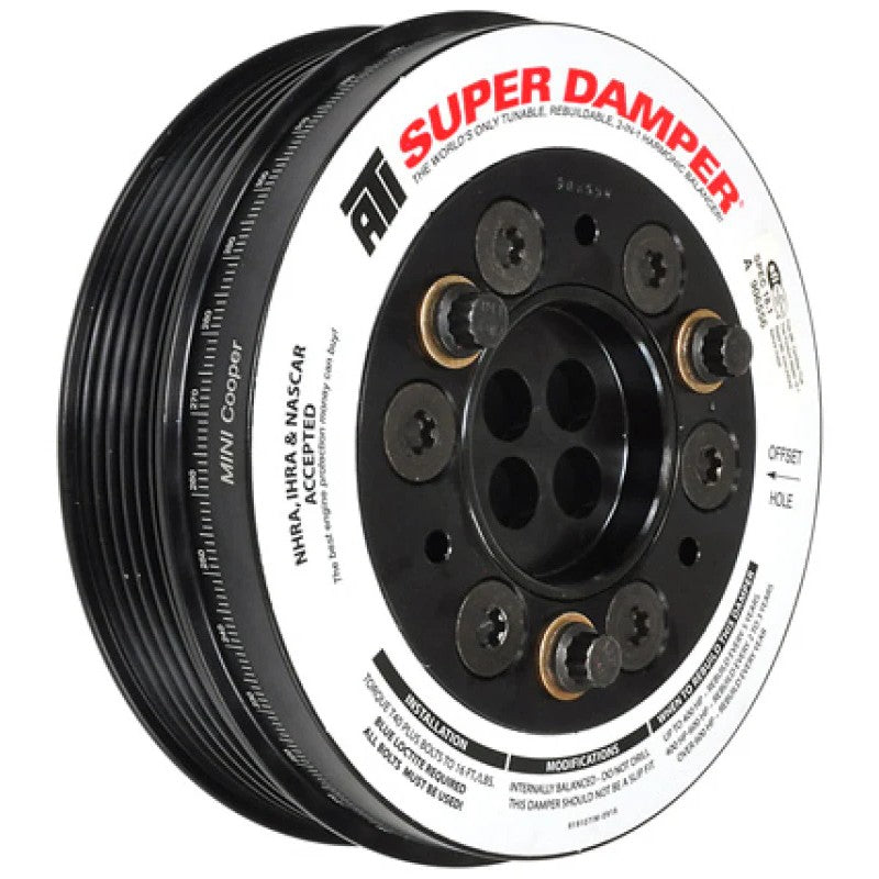 ATI Super Damper aluminum 3-ring harmonic balancer crank pulley for Mini Cooper B46 and B48 engines.