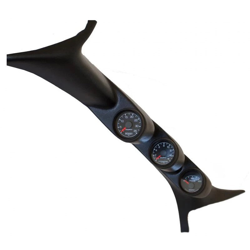 AutoMeter 7077 black triple pillar gauge pod with EGT, boost, and transmission temperature gauges for 1999-2007 Ford.