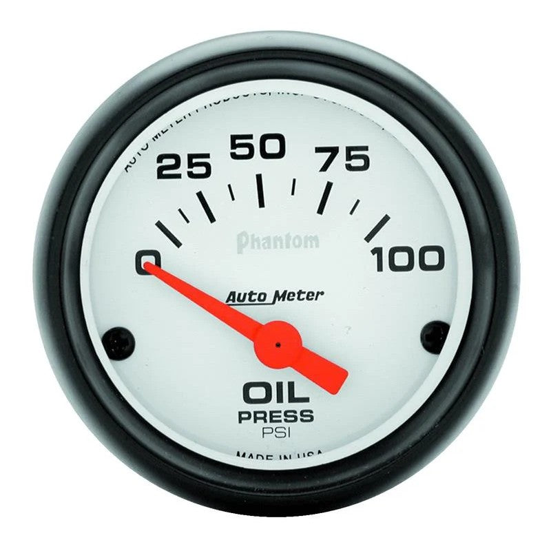 AutoMeter Phantom 52mm 0-100 PSI electric oil pressure gauge with white dial, black bezel, and orange needle.