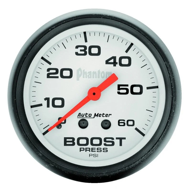 AutoMeter Phantom 52mm 0-60 PSI mechanical boost gauge with white dial, black bezel, and orange needle
