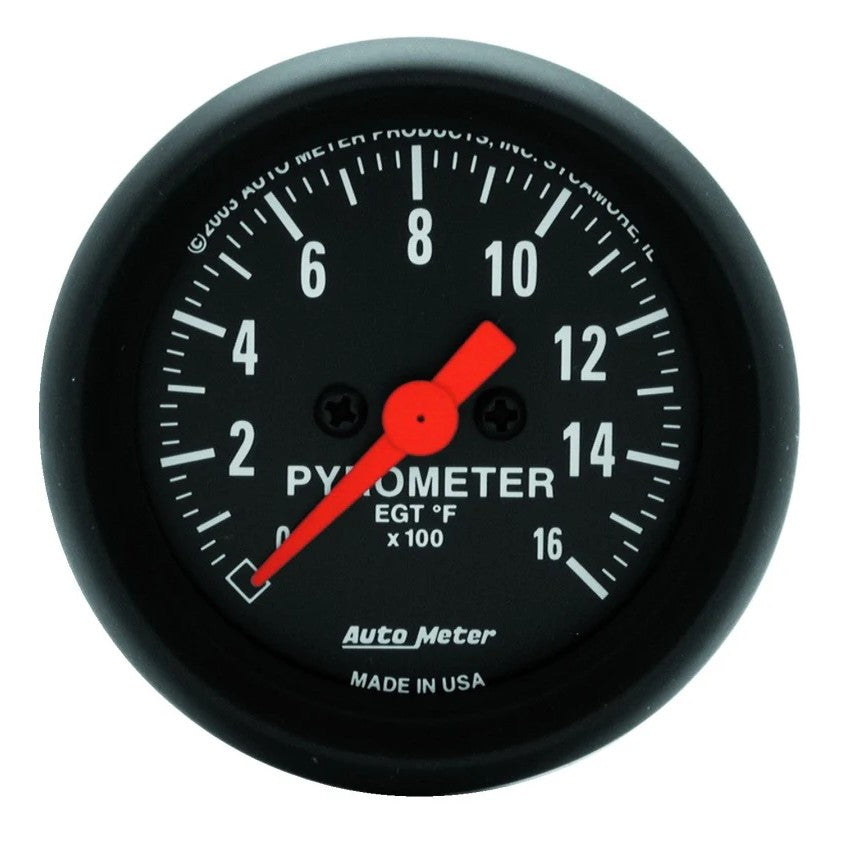 AutoMeter Z-Series 2654 52mm electronic pyrometer gauge with 0-1600 degree Fahrenheit scale and black bezel