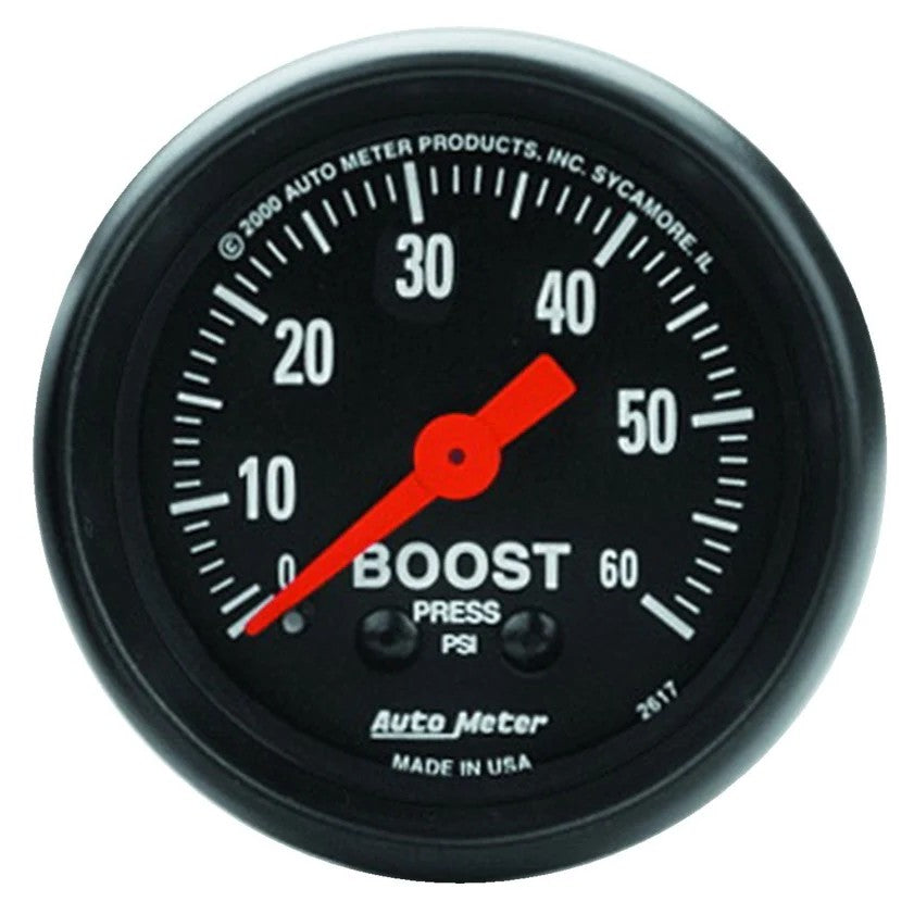Autometer Z Series 52mm mechanical boost gauge with black face, white numbering, and 0 to 60 PSI scale
