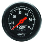 Autometer Z Series 52mm mechanical boost gauge with black face, white numbering, and 0 to 60 PSI scale