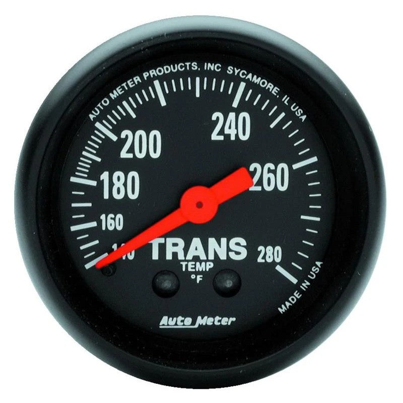 AutoMeter Z Series 52mm mechanical transmission temperature gauge with 140-280 degree Fahrenheit scale and black bezel