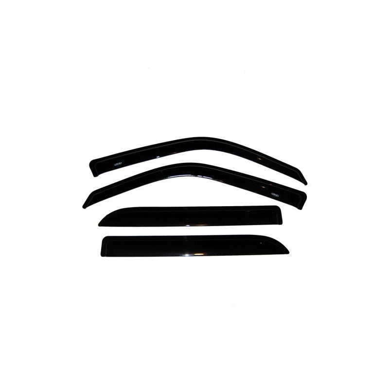 Set of four smoke-tinted AVS Ventvisor outside mount window deflectors with curved acrylic design.