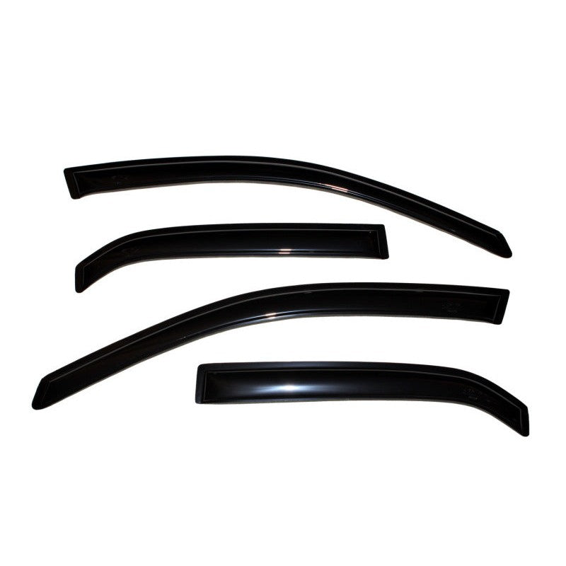 Four smoke-colored AVS Ventvisor outside mount window deflectors for 2002-2006 Mitsubishi Lancer.