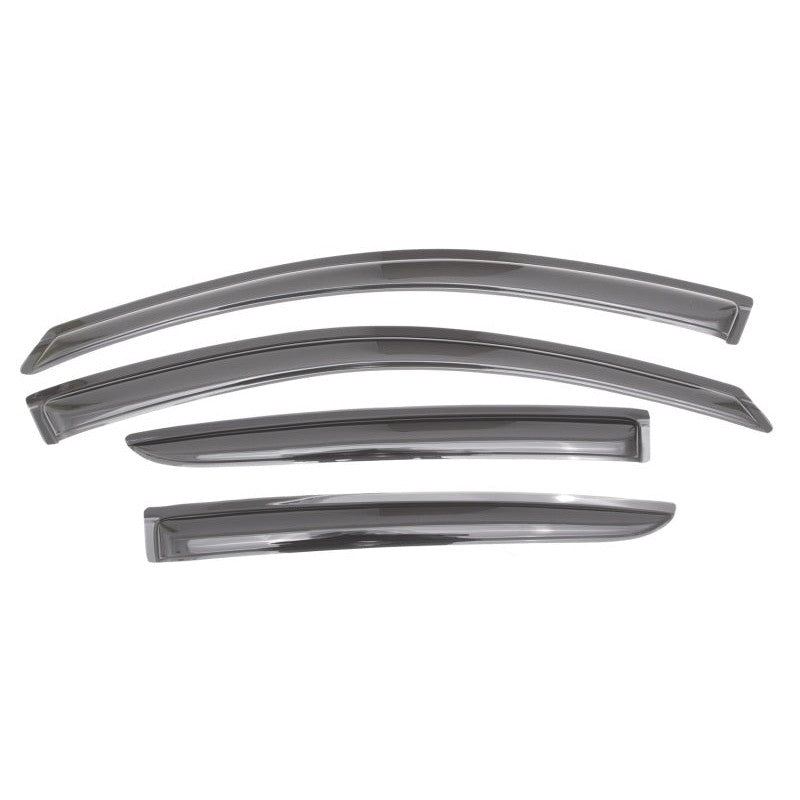Four-piece set of smoke-finish AVS Ventvisor outside mount window deflectors for a 2012-2019 Nissan Versa.
