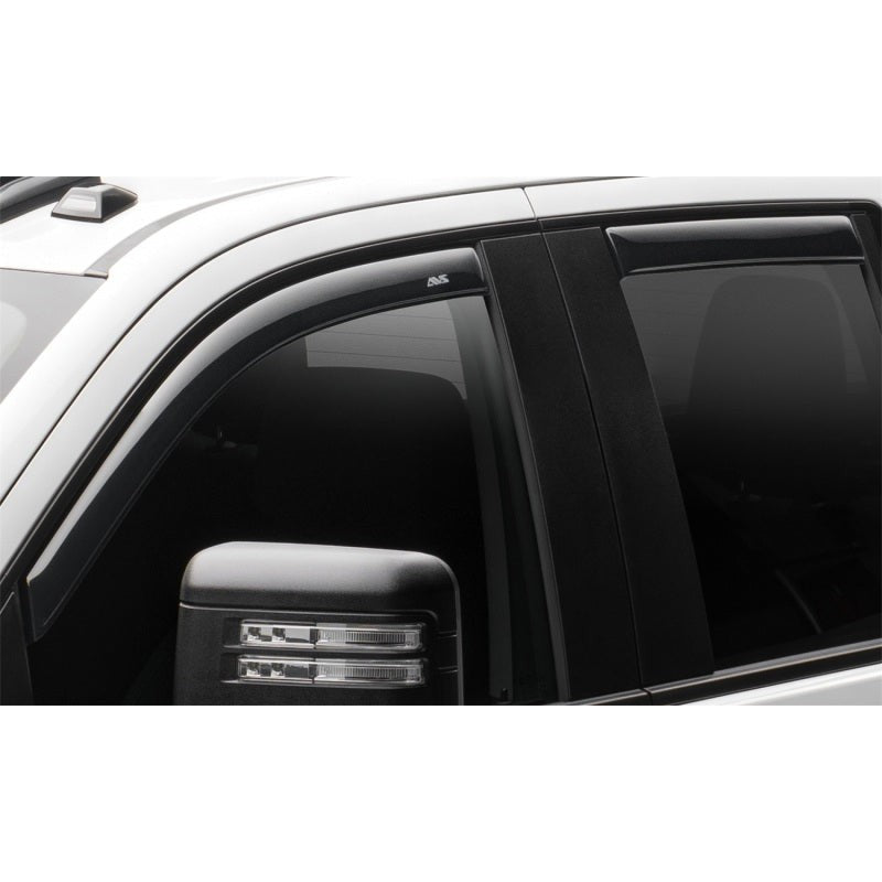 AVS 4-piece In-Channel Ventvisor set in dark smoke finish for Chevrolet Silverado and GMC Sierra Crew Cab trucks.