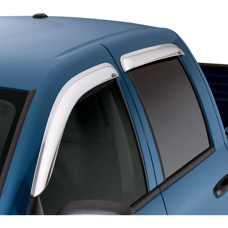 AVS Chrome 4-piece outside mount Ventvisor side window deflectors installed on a 2019-2025 Ram 1500 Crew Cab.