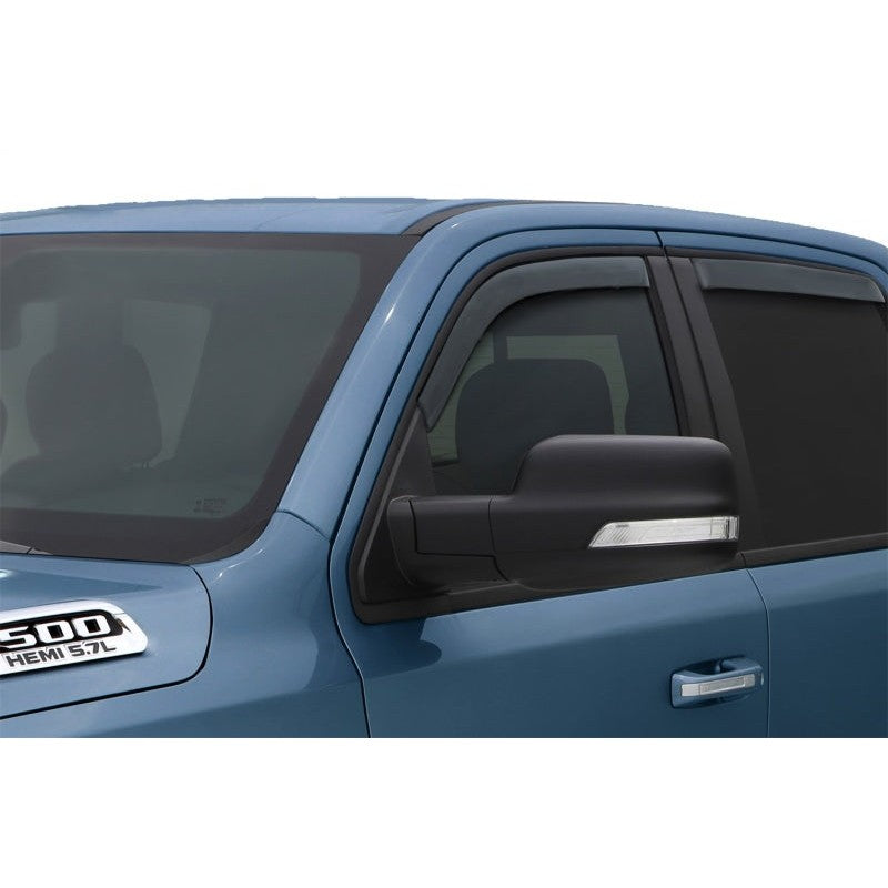 AVS In-Channel Ventvisor 4-piece window deflector set in smoke finish for a 2019-2025 Ram 1500 Quad Cab.