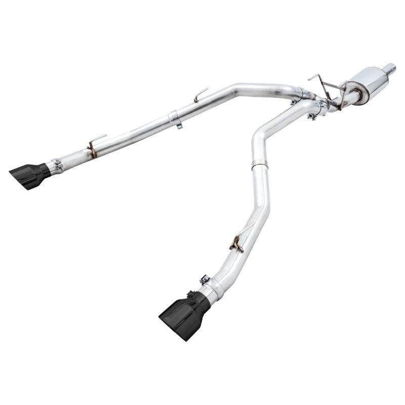 AWE 0FG dual rear exit exhaust system with 5-inch double-walled Diamond Black slash-cut tips
