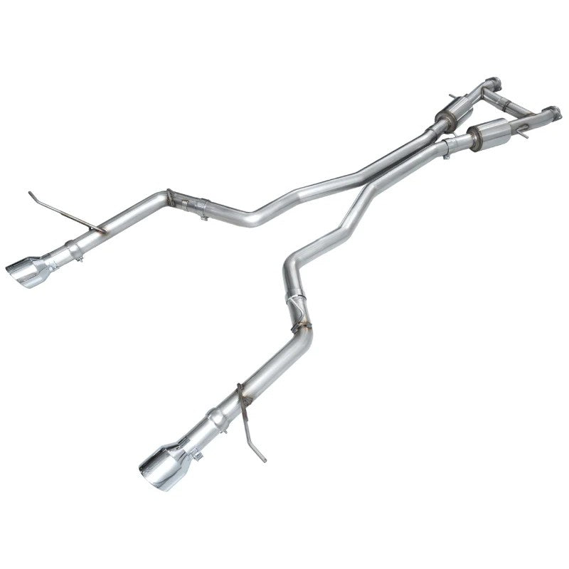 AWE Track Edition dual exhaust system with T304L stainless steel piping and 5-inch double-walled chrome silver tips.