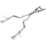 AWE Track Edition dual exhaust system with T304L stainless steel piping and 5-inch double-walled chrome silver tips.