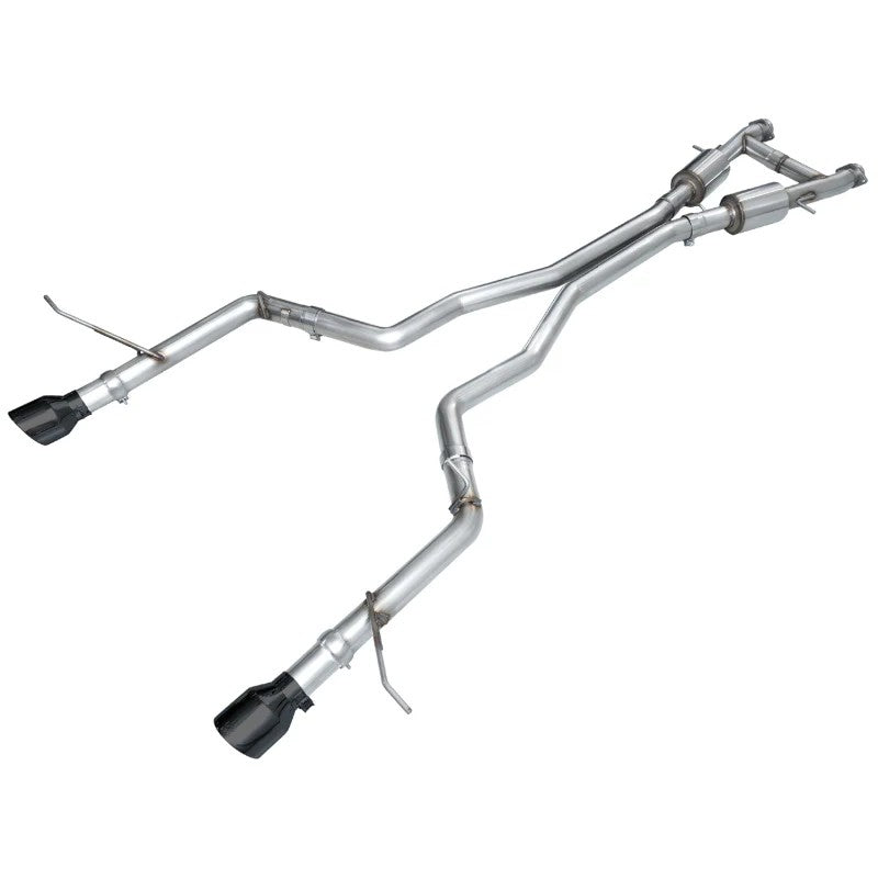 AWE Track Edition catback exhaust system with T304L stainless steel piping and 5-inch diamond black tips.
