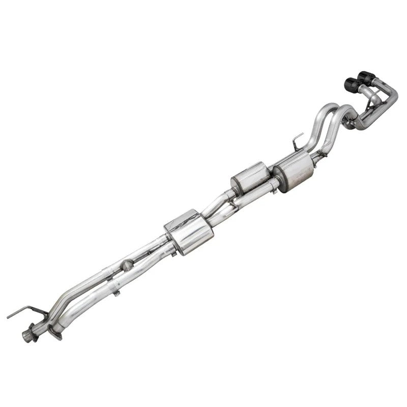 AWE 0FG true-dual exhaust system for Toyota Tacoma with 4.5 inch diamond black tips and modular BashGuard rings.