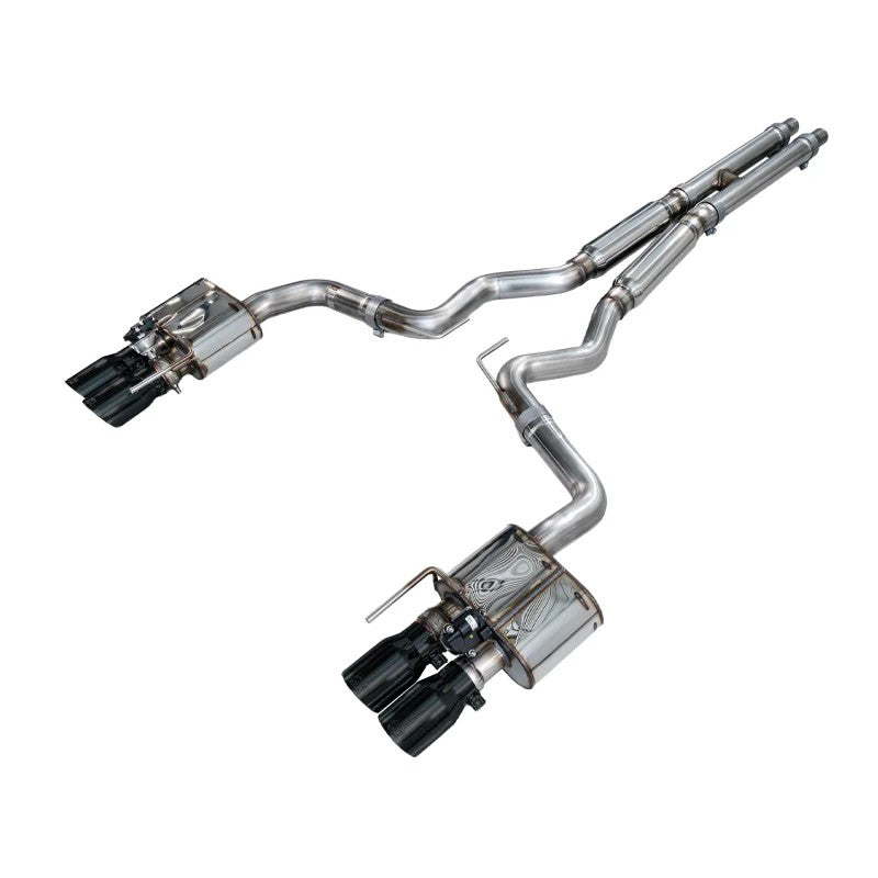 AWE SwitchPath 3-inch catback exhaust with quad 4-inch diamond black slash-cut tips for 2018-2023 S550 Ford Mustang.
