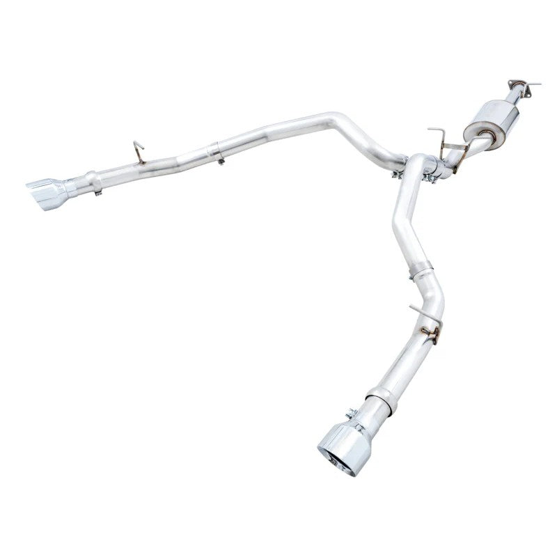 AWE Tuning 0FG dual rear exit stainless steel cat-back exhaust with 5-inch chrome silver slash-cut tips