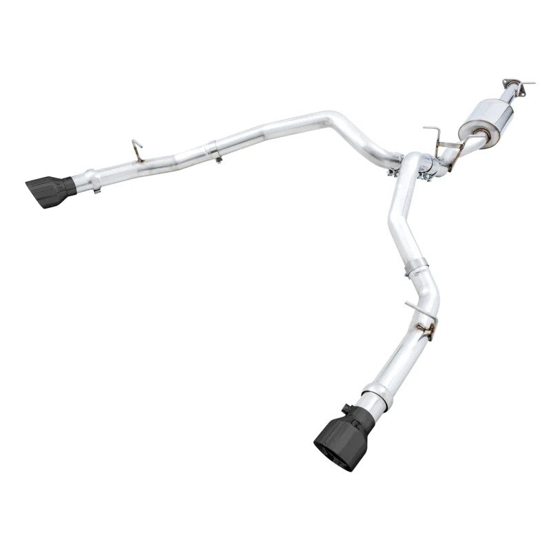 AWE 0FG cat-back exhaust system with T304L stainless steel piping and dual 5-inch Diamond Black slash-cut tips.