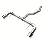 AWE Track Edition axle-back exhaust featuring 3-inch T304L stainless piping and dual 4.5-inch chrome silver tips.