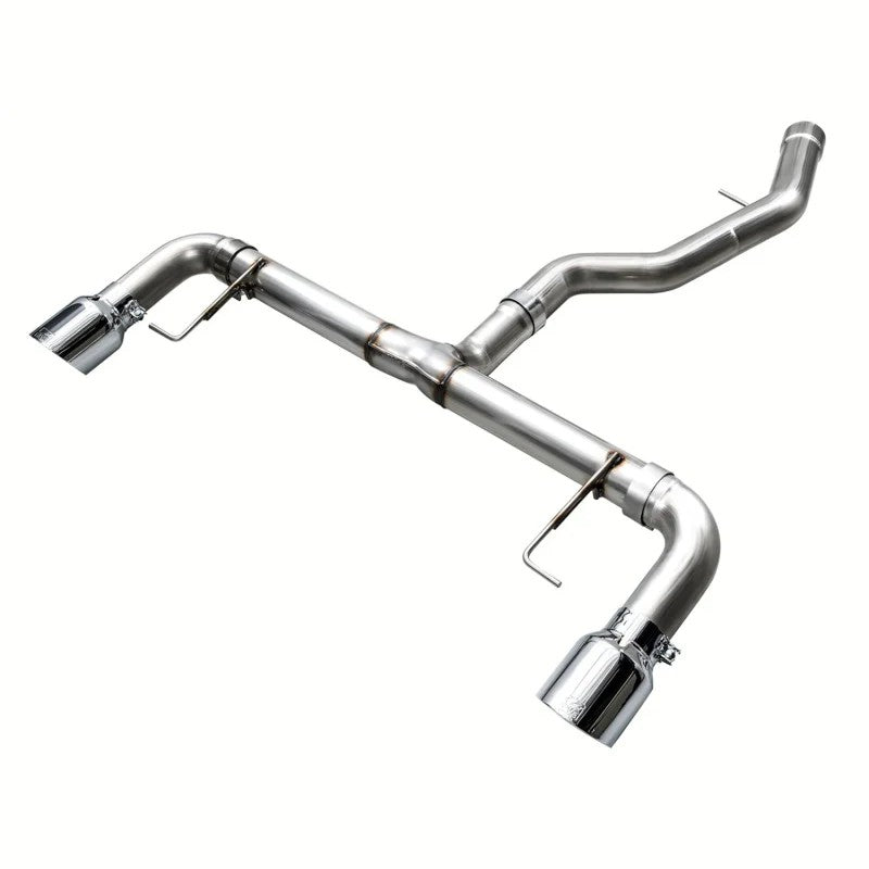 AWE Track Edition axle-back exhaust featuring 3-inch T304L stainless piping and dual 4.5-inch chrome silver tips.
