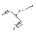 AWE 0FG cat-back exhaust system featuring T304L stainless steel piping, resonated mid-pipe, and dual BashGuards.