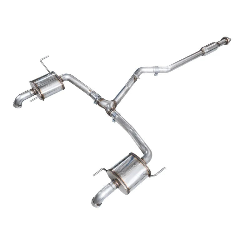 AWE 0FG cat-back exhaust system featuring T304L stainless steel piping, resonated mid-pipe, and dual BashGuards.