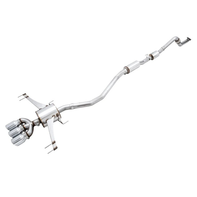 AWE Touring Edition downpipe-back exhaust for FK8 Civic Type R featuring triple 4.5-inch chrome silver slash-cut tips.