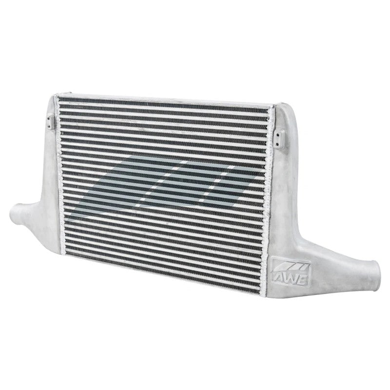 AWE ColdFront bar and plate aluminum intercooler with cast end tanks and internal baffling for Audi B9 vehicles.