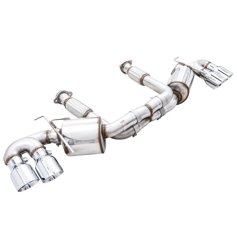 AWE Touring Edition cat-back exhaust for C8 Corvette with quad 4.5-inch double-walled chrome silver tips.
