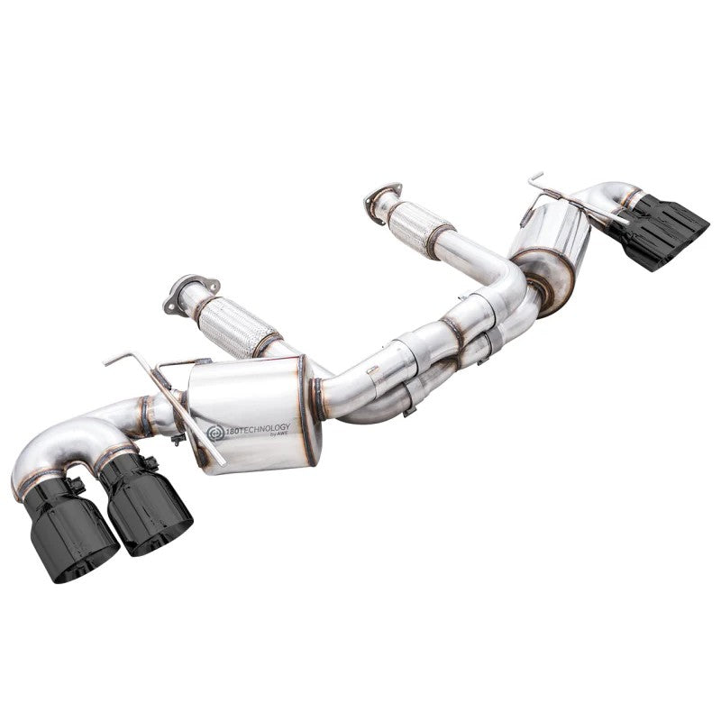 AWE Touring Edition cat-back exhaust system with quad diamond black tips and aluminum heat shield for C8 Corvette.