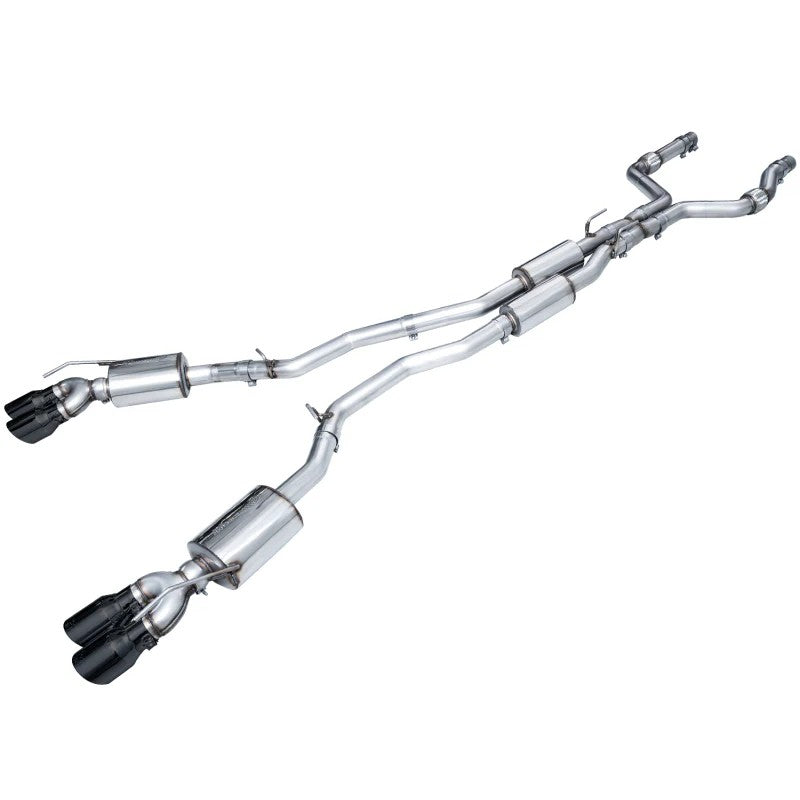 AWE Touring Edition catback exhaust system with quad 4.5-inch slash-cut diamond black tips and dual 3-inch piping