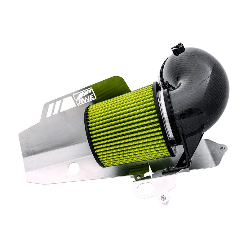 AWE S-FLO 2x2 twill carbon fiber intake with 4.5-inch inlet and oil-less filter for 2020-2026 Toyota GR Supra.