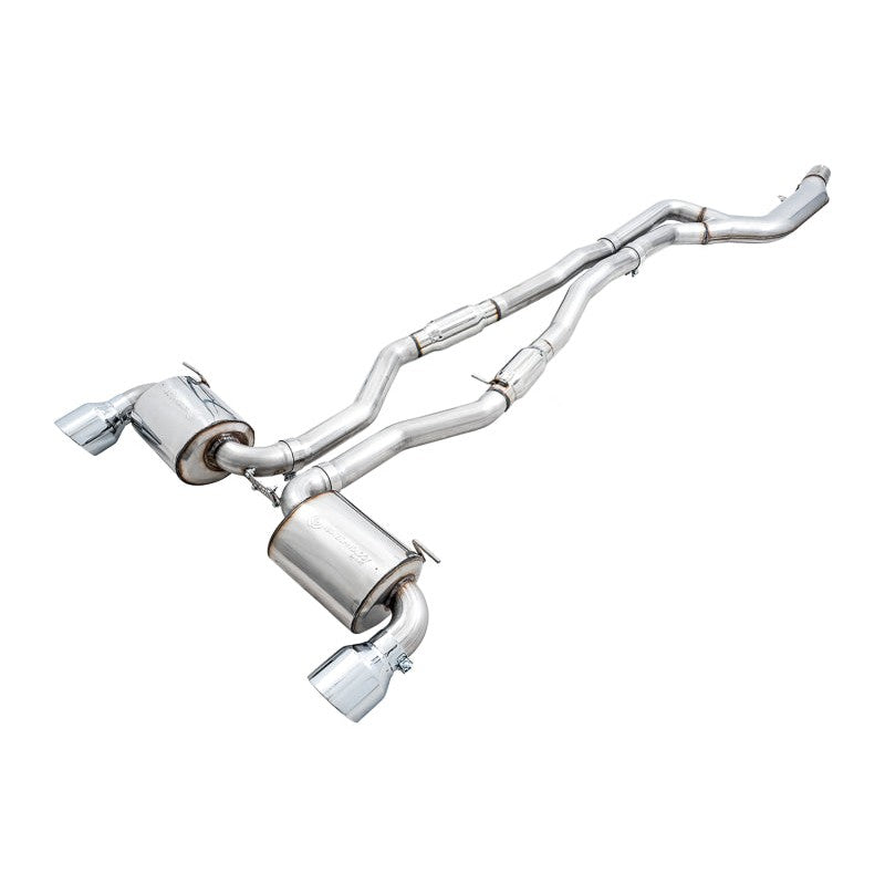 AWE Resonated Touring Edition exhaust system with dual 5-inch double-walled chrome silver tips for 2020-2026 Toyota GR Supra