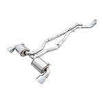 AWE Resonated Touring Edition exhaust system with dual 5-inch double-walled chrome silver tips for 2020-2026 Toyota GR Supra