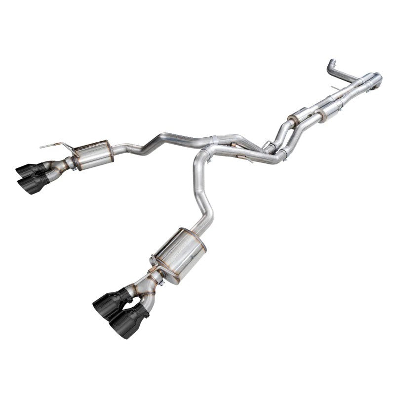 AWE Tuning 0FG dual exit stainless steel exhaust system with 5-inch diamond black tips for 2021+ Cadillac Escalade.