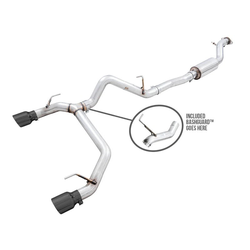 AWE Tuning 0FG 3-inch stainless steel cat-back exhaust with dual 4.5-inch Diamond Black tips and modular BashGuard