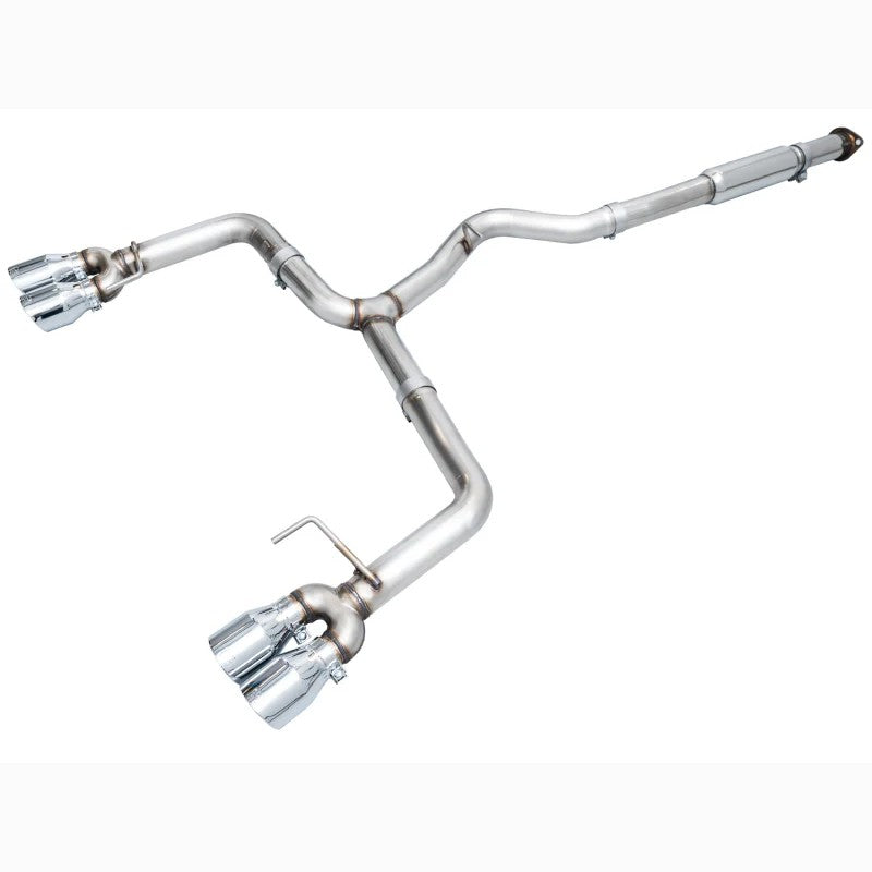AWE Tuning Track Edition 3-inch catback exhaust featuring quad 4-inch chrome silver tips for VB Subaru WRX.
