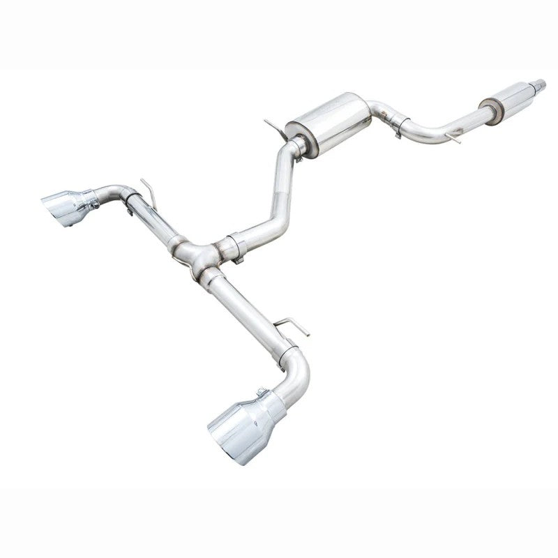 AWE Touring Edition exhaust system for MK8 GTI featuring 3-inch T304L stainless piping and 5-inch chrome silver tips.