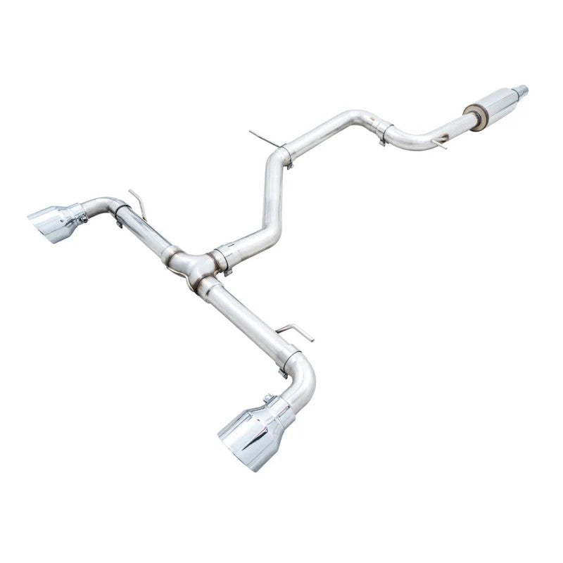 AWE Track Edition cat-back exhaust for VW GTI MK8 featuring 5-inch double-walled chrome silver slash-cut tips.