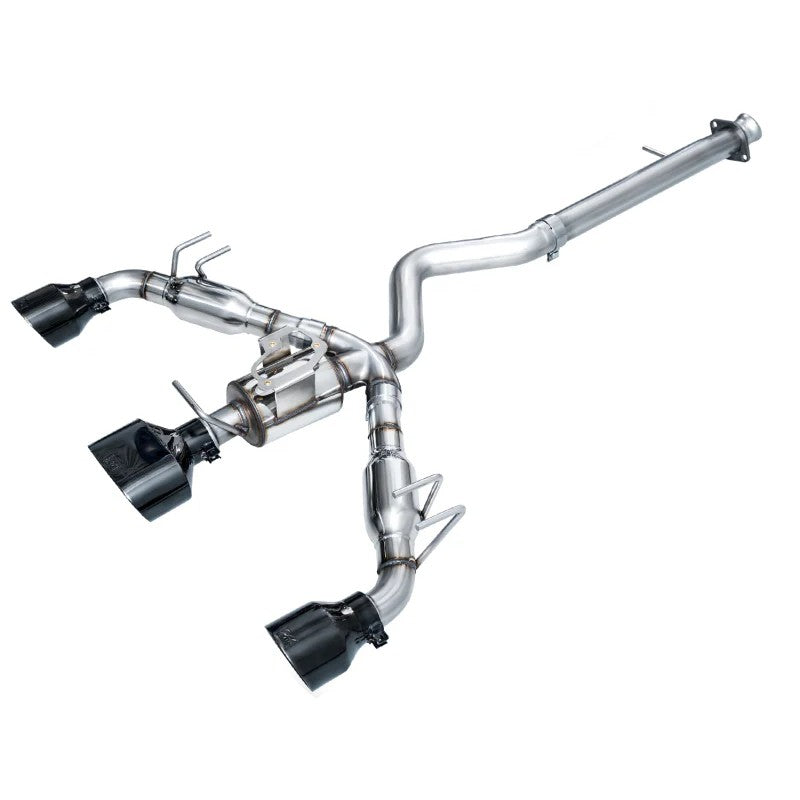 AWE Track Edition T304L stainless steel exhaust for Toyota GR Corolla with triple Diamond Black slash-cut tips.
