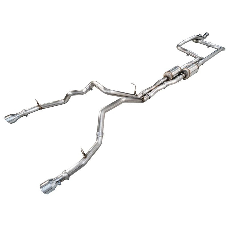 AWE Tuning 0FG stainless steel dual cat-back exhaust with 5-inch chrome silver tips for 2025 Ram 1500 RHO.