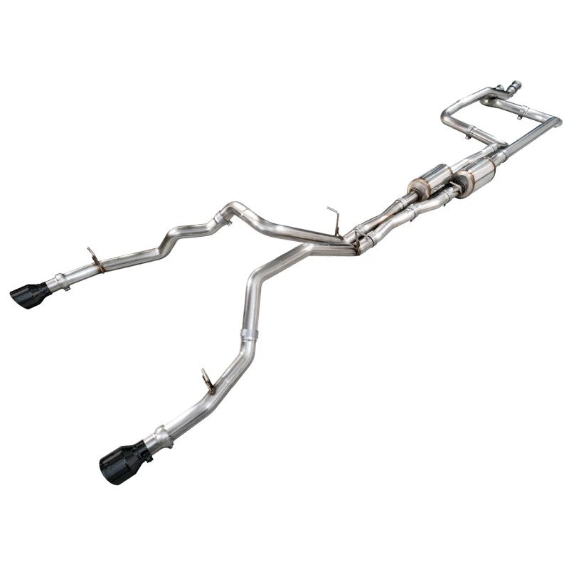AWE Tuning 0FG dual rear exit cat-back exhaust for 2025 Ram 1500 RHO with 5-inch Diamond Black tips and X-pipe