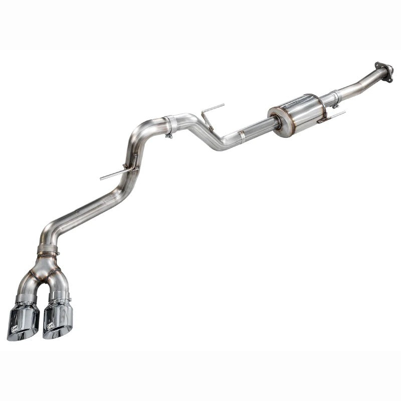 AWE 0FG 3-inch T304L stainless steel cat-back exhaust with dual 4.5-inch slash-cut chrome tips for Ford F-150.