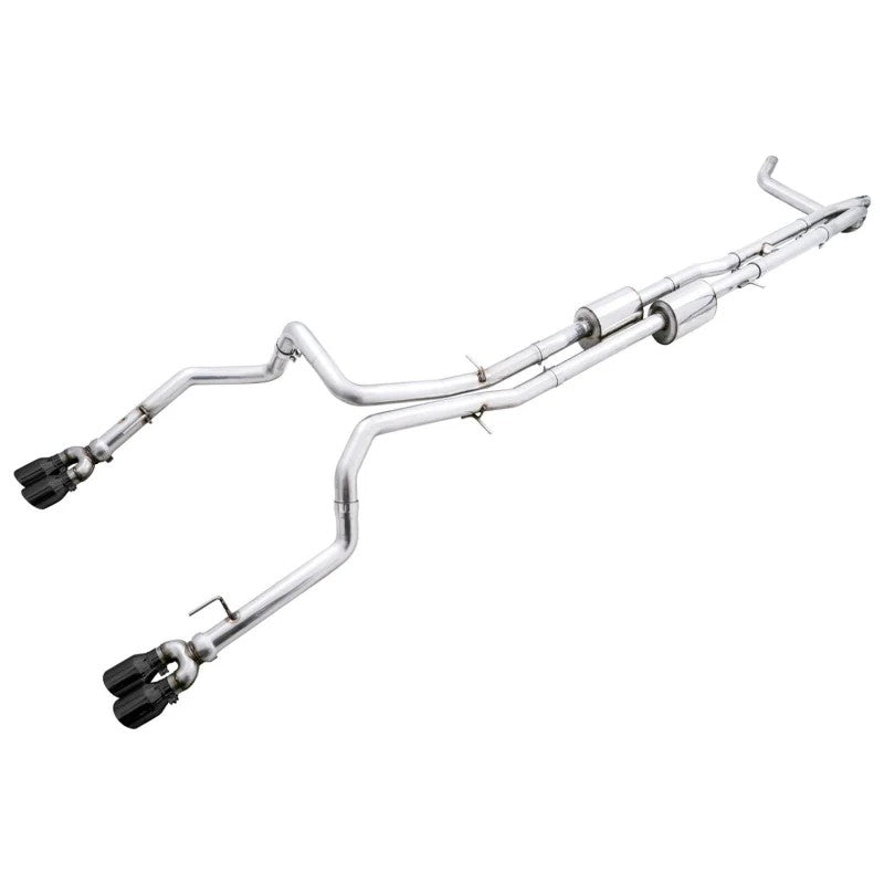 AWE 0FG catback exhaust system with quad 4-inch diamond black tips for 2022-2026 Chevrolet Silverado and GMC Sierra 1500.