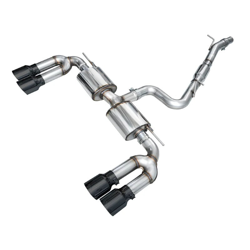 AWE Touring Edition Exhaust for Audi 8Y S3 with T304L stainless piping and quad diamond black slash-cut tips.