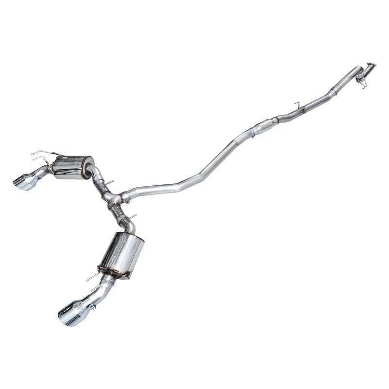 AWE Touring Edition Catback Exhaust featuring dual 5-inch slash-cut chrome silver tips and T304L stainless steel piping